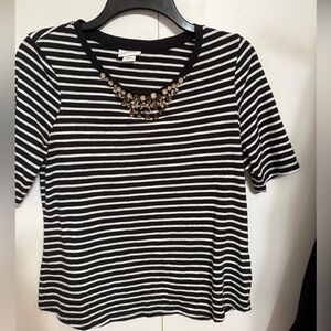 Striped quarter sleeve blouse with cute jeweled chest lining.